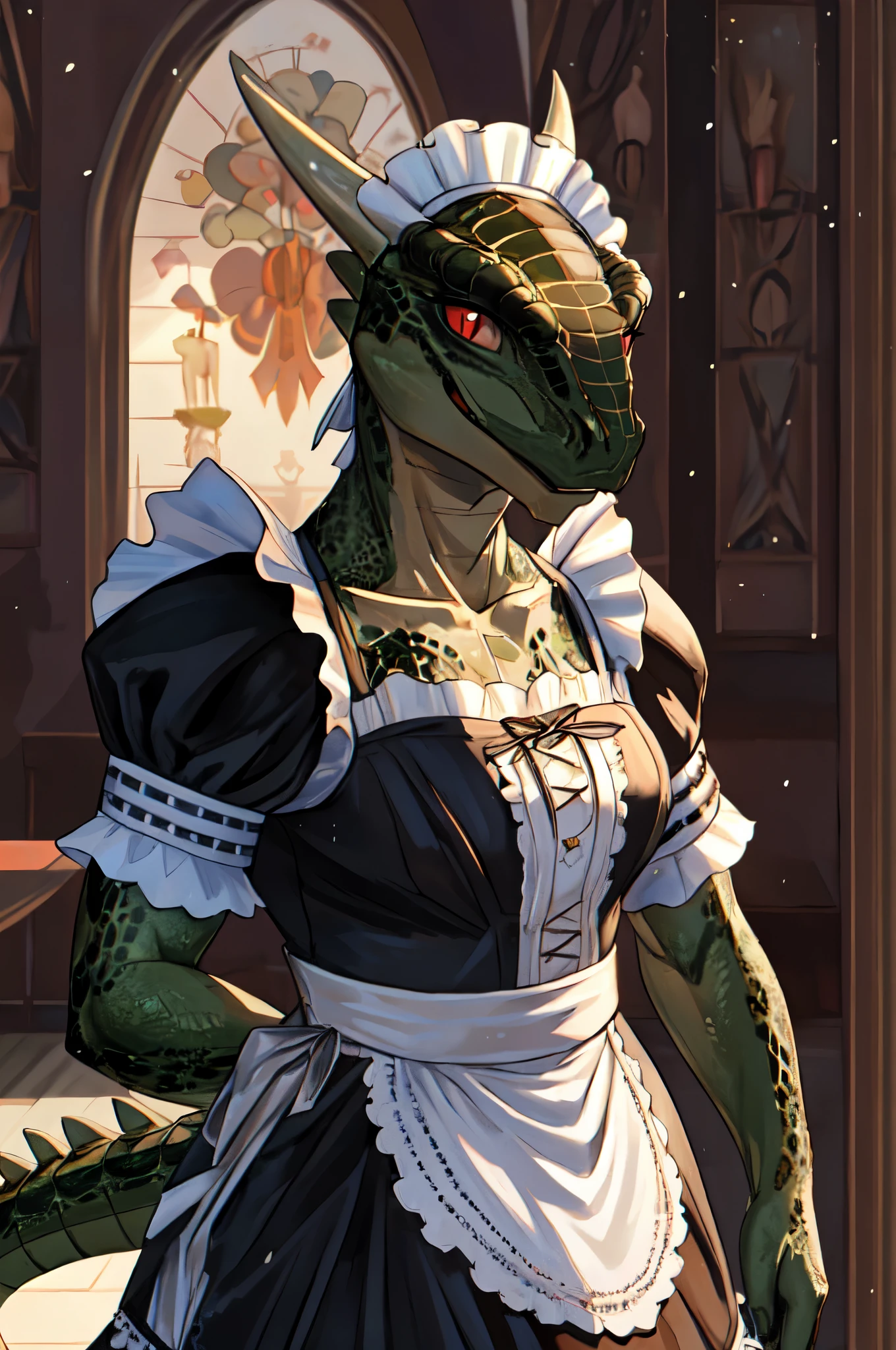 nj5furry,furry,anthro,solo,masterpiece,high detail,best shadow,8K,lustyargonian,scales,red eyes,lizard furry,argonian,maid clothing,evil smile