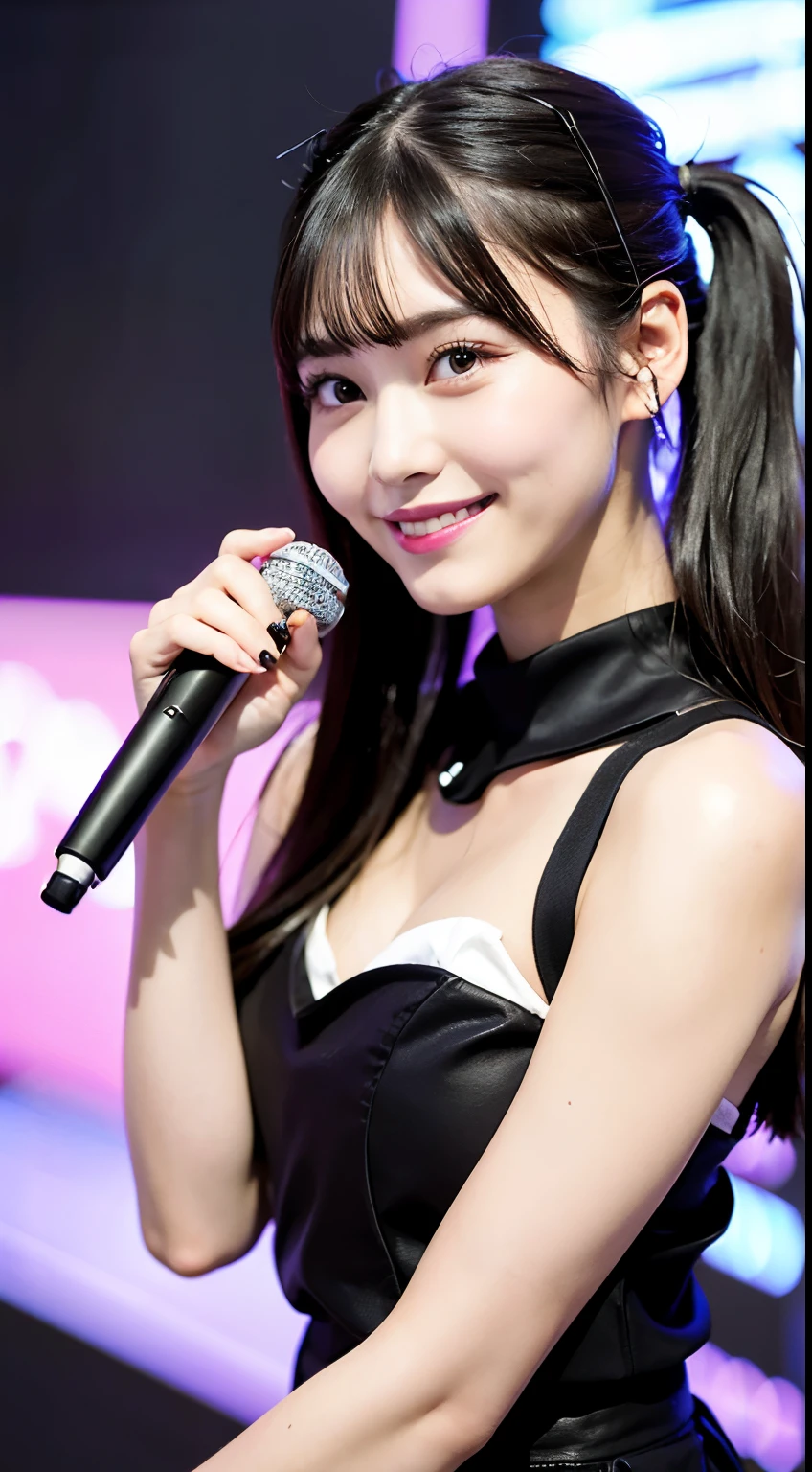 ((masterpiece, best quality)),absurdres, ultra detailed, 1girl, idol, twin tails, black hair, purple idol costume, holding microphone, on stage,  smile,