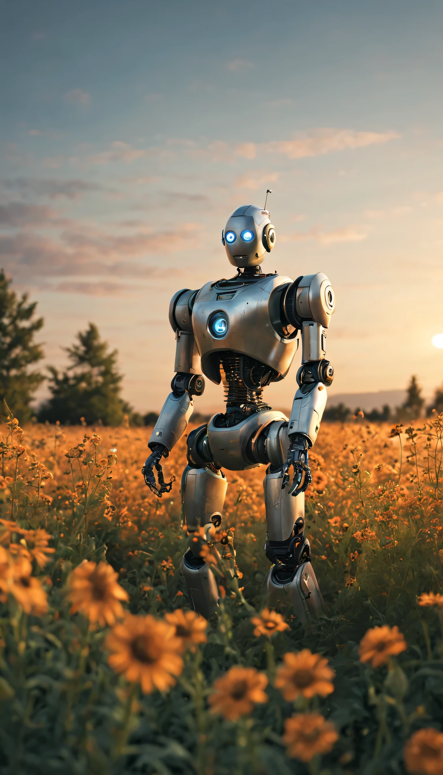 Robotic Soul: A solitary robot sits amidst a field of wildflowers, its metallic limbs bathed in the warm glow of the setting sun. Render the scene in a RAW, high-quality masterpiece, capturing the delicate details of the robot's construction, the gentle beauty of the flowers, and the sense of solitude and introspection. (Masterpiece, RAW photo, realistic, detailed, best HD detailed, High quality, 32k, Sci-fi setting, soft natural light, focus on robot