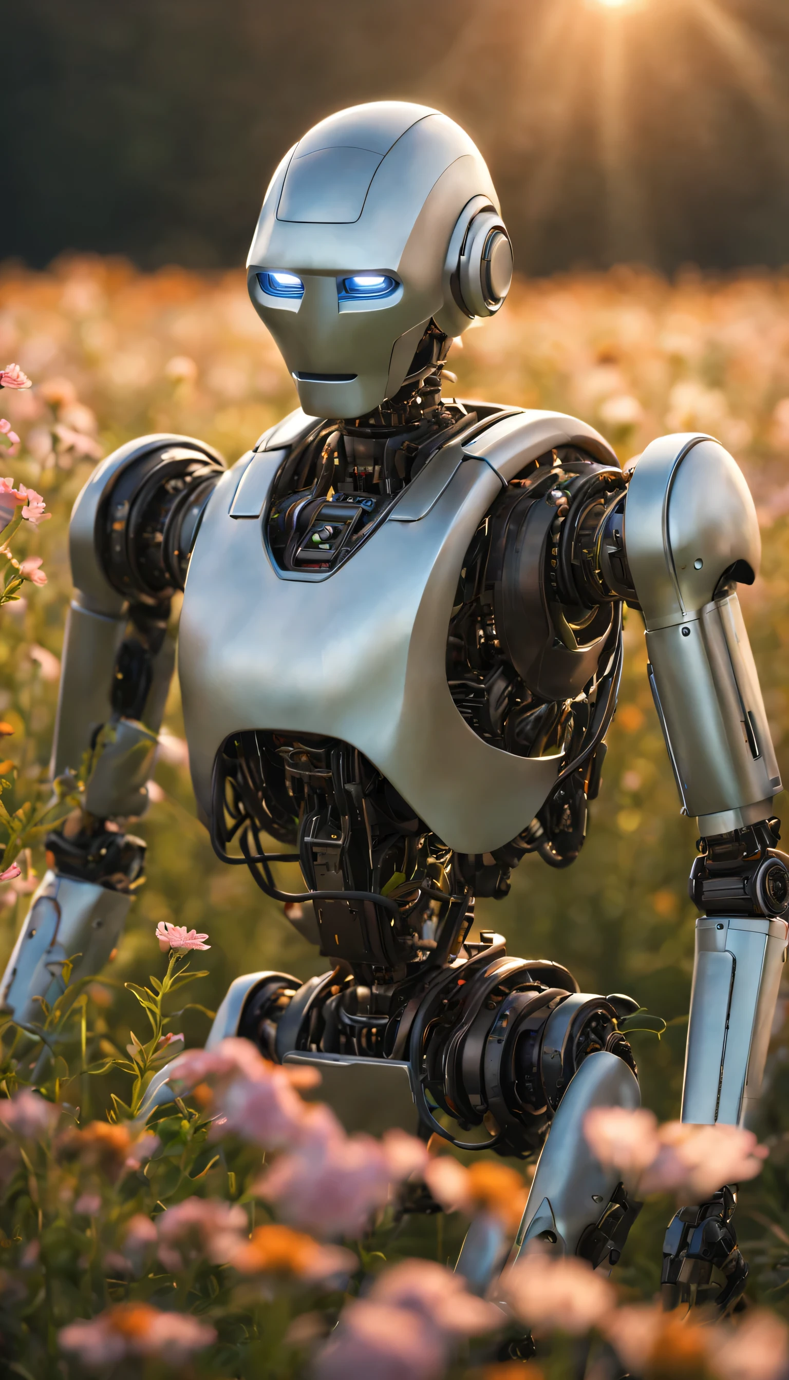 Robotic Soul: A solitary robot sits amidst a field of wildflowers, its metallic limbs bathed in the warm glow of the setting sun. Render the scene in a RAW, high-quality masterpiece, capturing the delicate details of the robot's construction, the gentle beauty of the flowers, and the sense of solitude and introspection. (Masterpiece, RAW photo, realistic, detailed, best HD detailed, High quality, 32k, Sci-fi setting, soft natural light, focus on robot