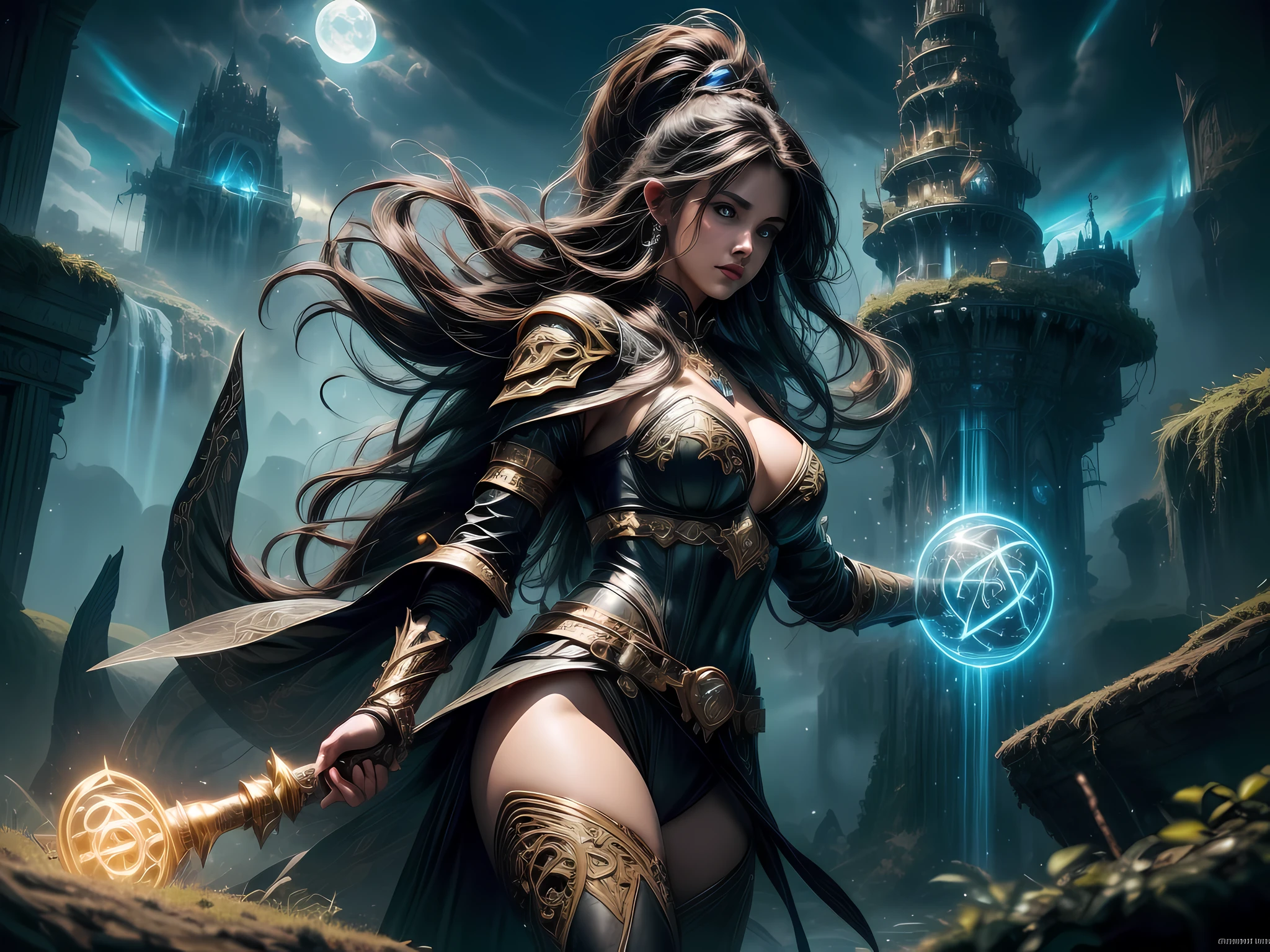 high details, best quality, 16k, [ultra detailed], masterpiece, best quality, (extremely detailed), dynamic angle, ultra wide shot, photorealistic, ((fantasy art)) ((larry elmore style)), dnd art, rpg art, realistic art, female human druid of the stars, guardian of nature, controlling magical energy made of stars, swirling blue stary magical light, divine symbols GlowingRunes_yellow (1.5 intricate details, Masterpiece, best quality), human female,  extremally beautiful, ultra feminine, dynamic hair, dynamic hair color, wearing leather armor CM-Beautiful_armor, holding a staff, moon light, stars, dynamic natural background,  RPG art, magical atmosphere magic-fantasy-forest, ultra best realistic, best details, best quality, 16k, [ultra detailed], masterpiece, best quality, (extremely detailed), ultra wide shot, photorealism, depth of field, hyper realistic painting, 3D rendering