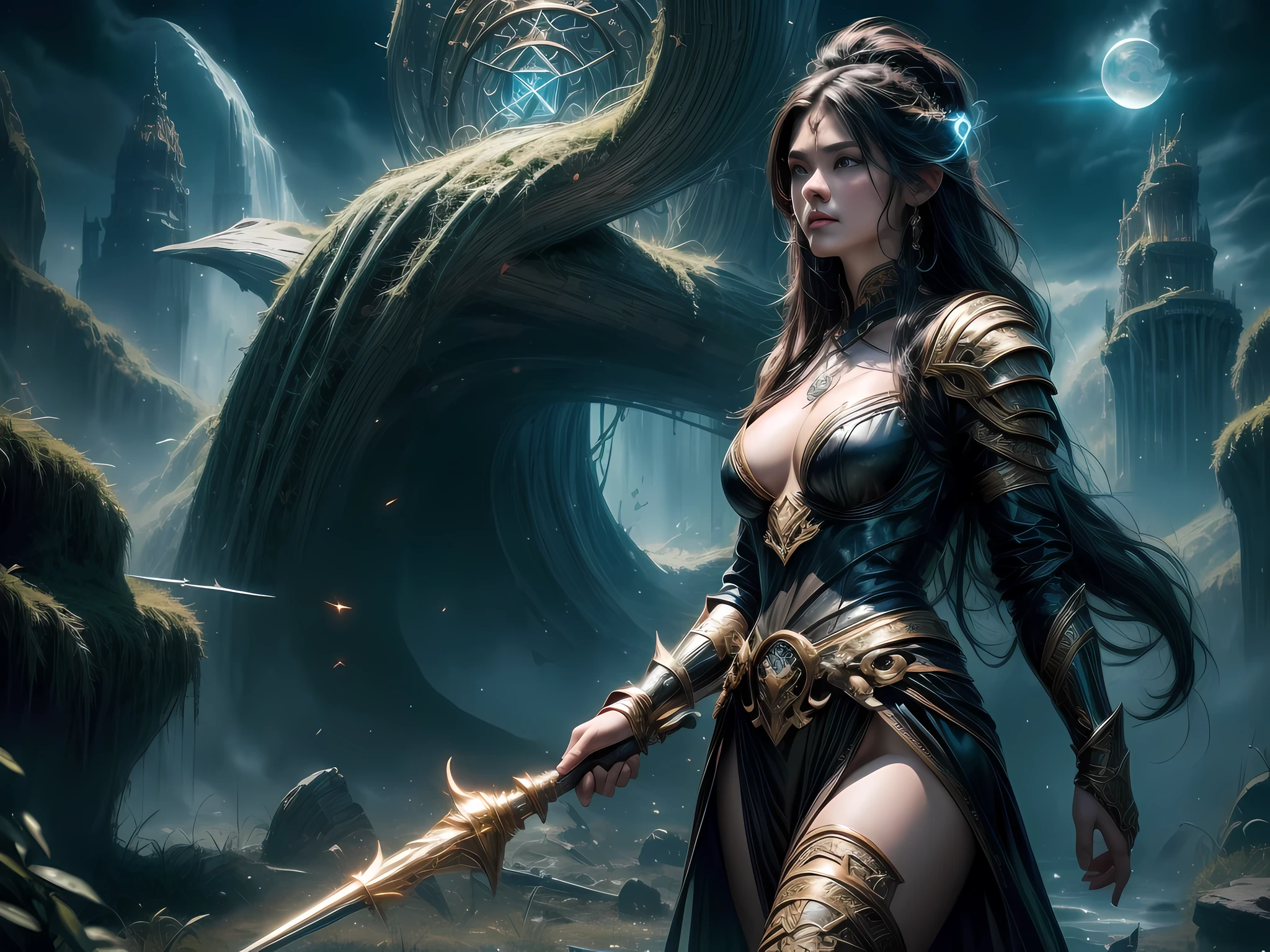 high details, best quality, 16k, [ultra detailed], masterpiece, best quality, (extremely detailed), dynamic angle, ultra wide shot, photorealistic, ((fantasy art)) ((larry elmore style)), dnd art, rpg art, realistic art, female human druid of the stars, guardian of nature, controlling magical energy made of stars, swirling blue stary magical light, divine symbols GlowingRunes_yellow (1.5 intricate details, Masterpiece, best quality), human female,  extremally beautiful, ultra feminine, dynamic hair, dynamic hair color, wearing leather armor CM-Beautiful_armor, holding a staff, moon light, stars, dynamic natural background,  RPG art, magical atmosphere magic-fantasy-forest, ultra best realistic, best details, best quality, 16k, [ultra detailed], masterpiece, best quality, (extremely detailed), ultra wide shot, photorealism, depth of field, hyper realistic painting, 3D rendering