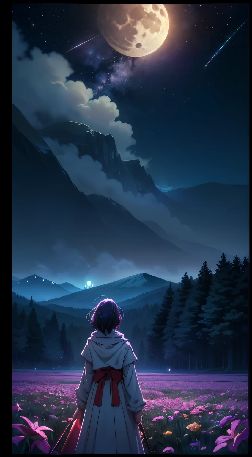 Expansive landscape photograph , (Look from below，Above is the sky，Below are open fields), a girl standing on flower field looking up, (moon full:1.2), ( meteors:0.9), (Starcloud:1.3), Far Mountain, tree breaking art, (Warm light source:1.2), (glowworm:1.2), lamp lights, lots of purples and oranges, Complicated details, Volumetric lighting BREAK (tmasterpiece:1.2), (Best quality at best), 4K, ultra - detailed, (dynamic compositions:1.4), The is very detailed, Colorful details,( Irridescent color:1.2), (luminouslighting, Ambient lighting), dream-like, magical, (Alone:1.2), 动态照明, 两色lamp lights光, hight contrast