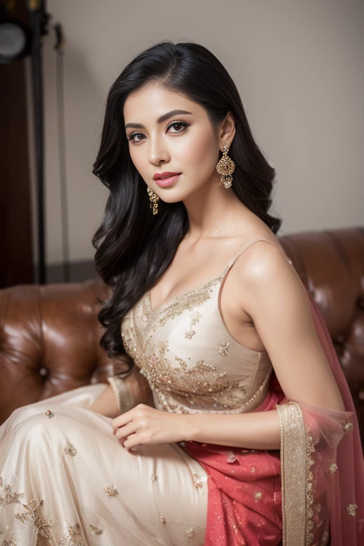 Portrait of A confident-looking indian princess from kamasutra with long flowing hair, hazel eyes, without flowing capes, Cleopatra fabric with laces, c-cup breasts, sitting in grass, water background, bokeh, perfect composition, hyperrealistic, super detailed, 8k, high quality, trending art, trending on artstation, sharp focus, nude studio photo, intricate details, highly detailed, art by greg rutkowski