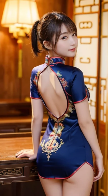 8K、Ultra-precise rendering、Photo Quality(16yo girl、a small face、Extremely beautiful face, natural make up)(fair white skin)(sparkly eyes、)、kawaii faces、Bright smile、、round large chest、Beautiful valley,thin-waist、big butts、Navy blue Chinese dress that shows cleavage,long,((poneyTail))ornamented,Inside the palace((very short mini cheongsam dress、sexy chinese dress、deep cuts on the sides、Intricate and intricate embroidery throughout the body,rhinestone))、((T-back panties))sensual pose、Medium full shot from behind、Knee depth angle