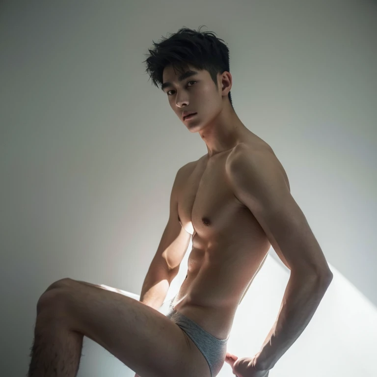 (ultra-realistic, highres ,best quality, masterpiece:1.2), asian, full body, 18-year-old male posing for photoshoot, wearing only small underwear, detailed facial features, detailed eyes, detailed hands, long eyelashes, no facial hair, young, slim physique, skinny, small build, no body hair, handsome face, backside facing, dynamic poses, stylish hair, simple background, photo studio, dramatic lighting effects