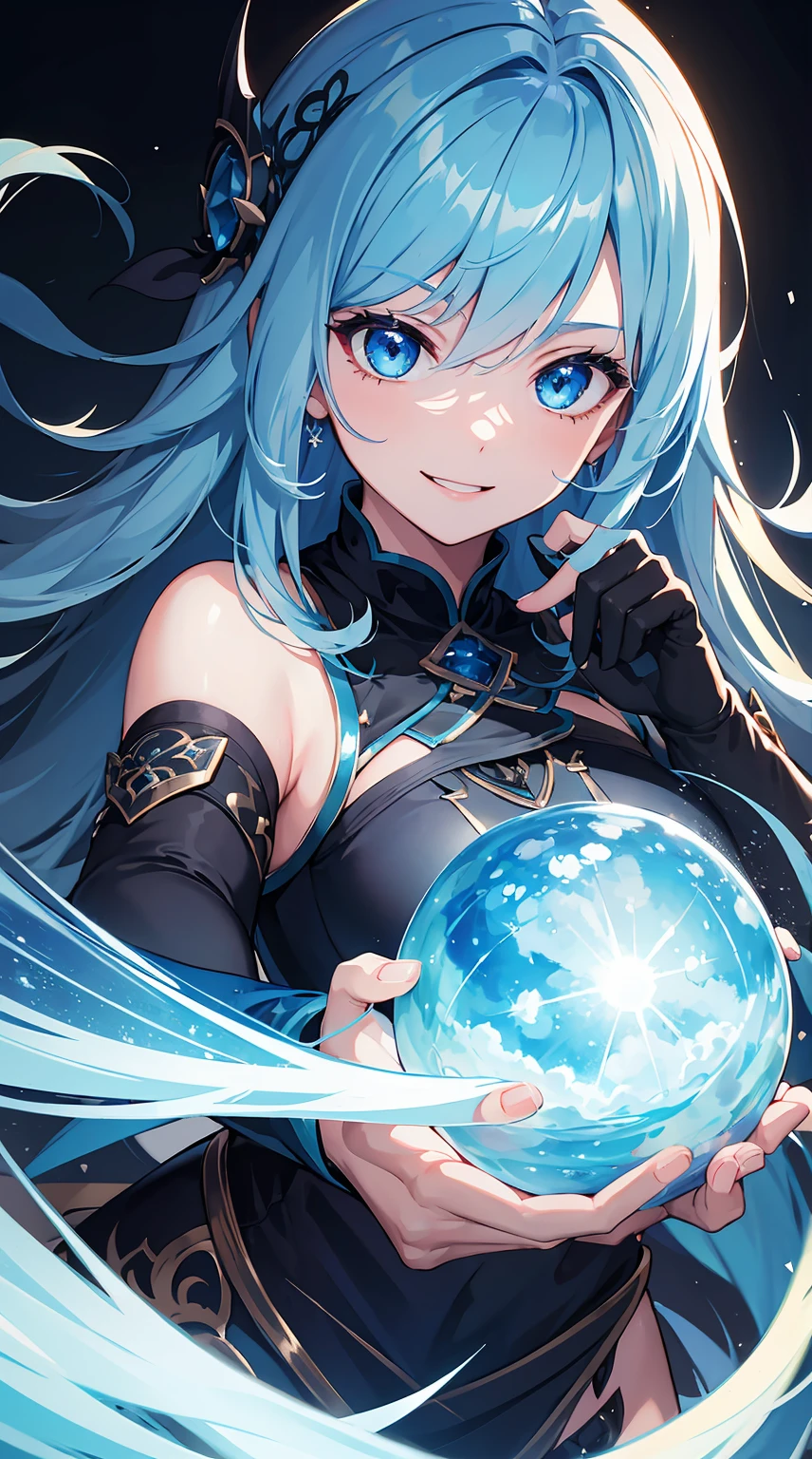 Masterpiece),(ultra resolution),(4K quality),(super detailed), light blue hair, black top, dark blue eyes, detached sleeve, smiling,