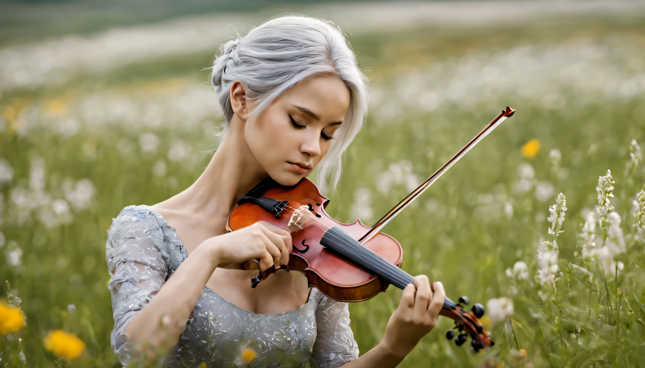 Serene Symphony: A lone violinist, eyes closed in deep concentration, plays amidst a field of wildflowers. Render a RAW portrait masterpiece showcasing the delicate details of their instrument, the gentle breeze tousling their silver hair, and the vibrant symphony of colors surrounding them. (Best HD detailed, High quality, 32k)