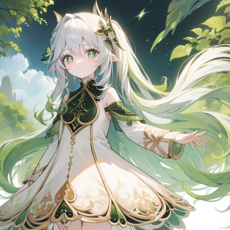 in green，Long whit hair，pale white clothes