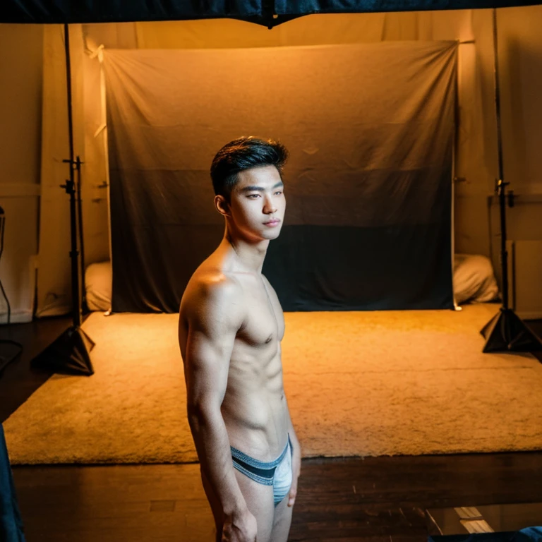 (ultra-realistic, highres ,best quality, masterpiece:1.2), asian, full body, 18-year-old male posing for photoshoot, wearing only small underwear, detailed facial features, detailed eyes, detailed hands, long eyelashes, no facial hair, young, slim physique, skinny, small build, no body hair, handsome face, backside facing, dynamic poses, stylish hair, simple background, photo studio, dramatic lighting effects