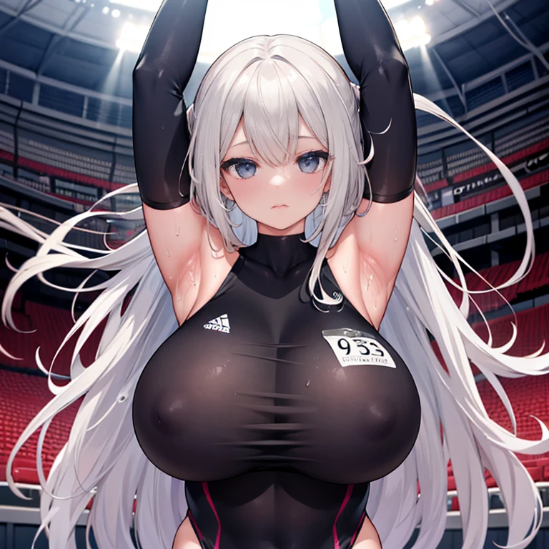1 girl,cabelos preto e longos,gymnastic suit,Extremely huge,Inside the stadium,sweat profusely,I can see my nether regions