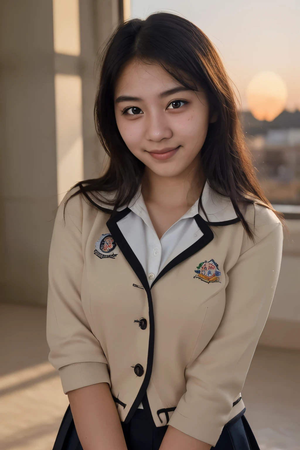 (top-quality,8K picture quality,masterpiece:1.3),(A high resolution,Photorealsitic:1.4,Raw photography),(ultra-detailliert,Caustics,Detailed background),(Ultra-realistic capture,Beautifully detailed skin,perfect anatomia),at the sunset,Sunset sky,school buildings,school ground,malay girl 15teen years old,sexy,Kawaii,Single eyelid,Black hair short messy ,School Blazer Uniform,Looking at the camera,A smile,Bust-up shot,natural soft light