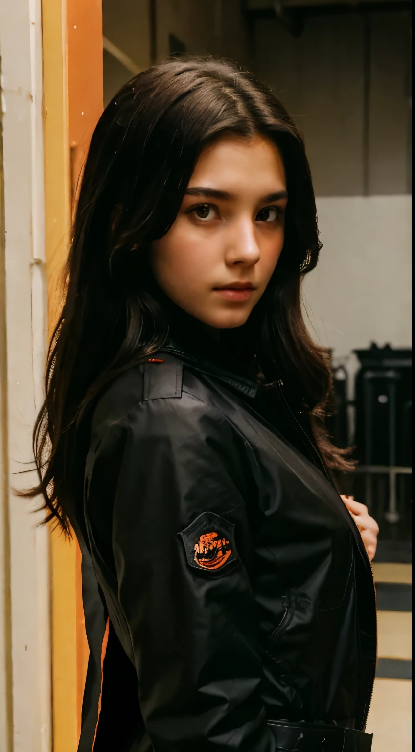 long black-haired white -yeld giwear military suit, orange cape, big hazel eyes, sci-fi, dark mood, charturnerv2
