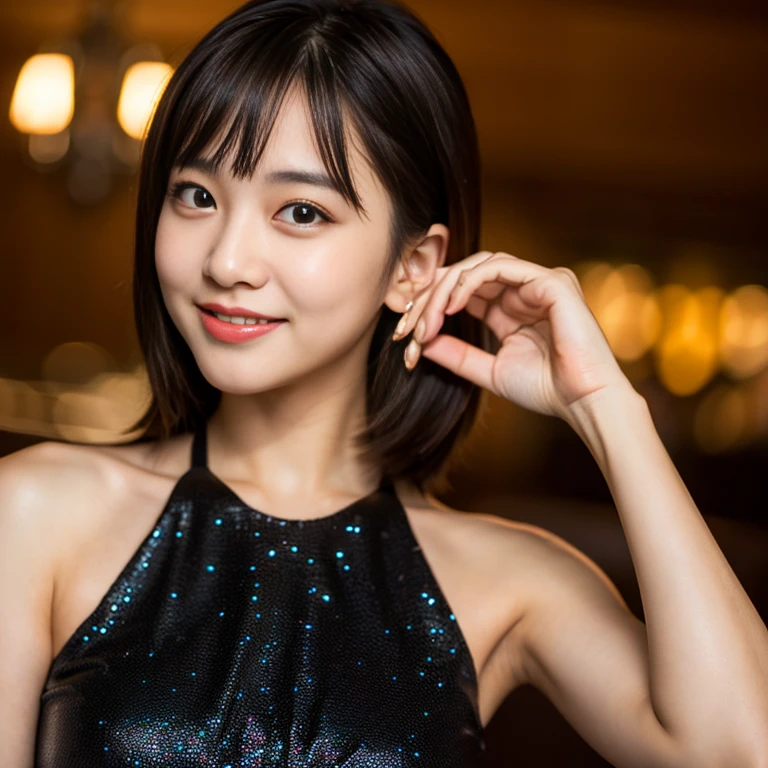 top-quality, masutepiece, 超A high resolution, (Photorealistic:1.4), Raw photo, A highly detailed,
1girl in, 20yr old, most popular japanese actress, Drunk, Looking at Viewer, have a lot of fun at the hotel bar,
Very beautiful face like Japan's most famous actress, amazingly beautiful big black eyes, very beautiful attractive lips, Very beautiful black hair, very beautiful realistic skin, Very beautiful shoulders, very sexy and perfect body,
wearing only a gorgeous evening dress,
Cute smile,
detailed gorgeous evening dress, Detailed face, Detailed eyes, Detailed lips, detailed hairs, detailed skins, detailed shoulders, Detailed body