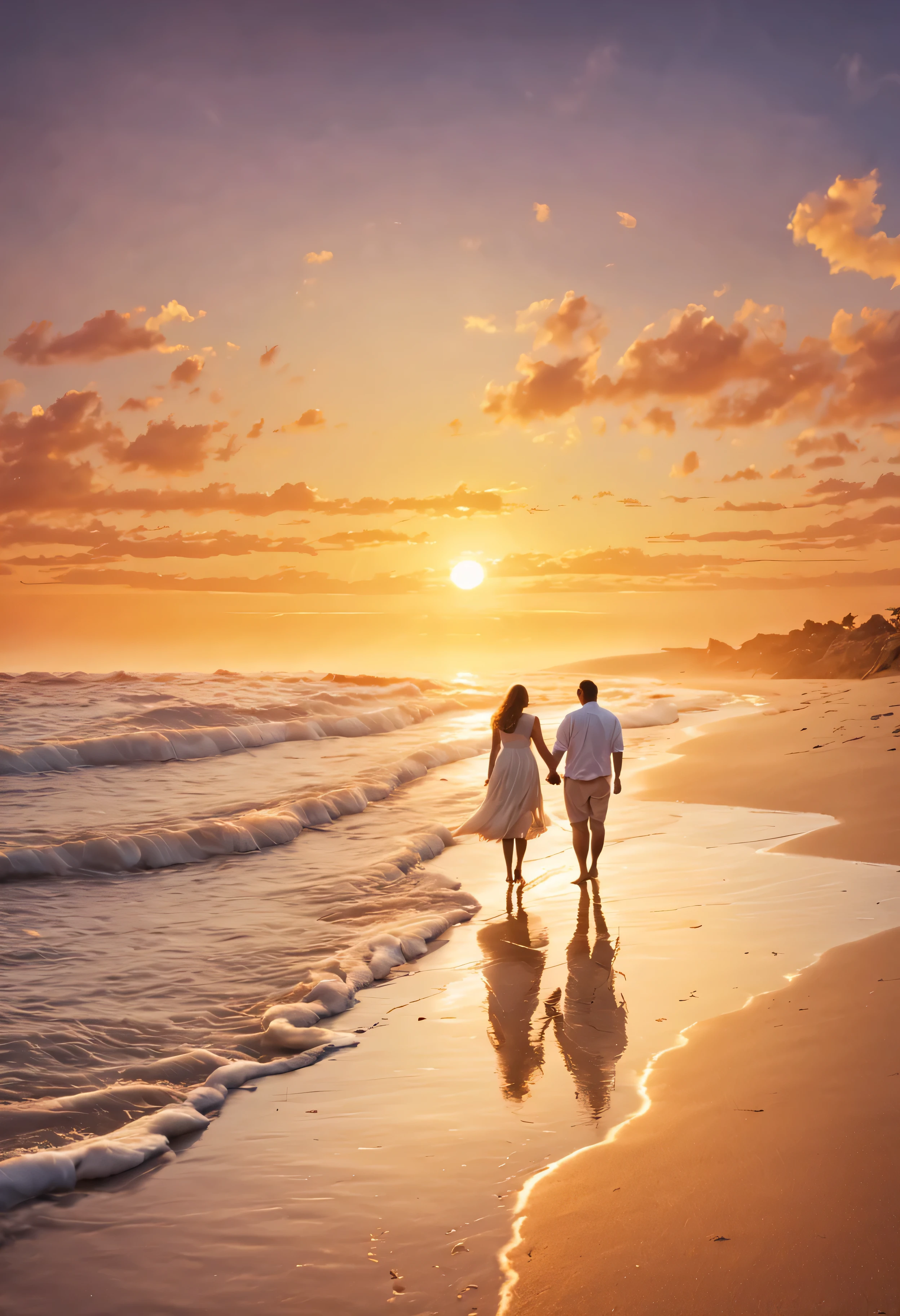 A picturesque beach at sunset with warm, golden hues. The couple walks hand in hand along the water's edge, creating a romantic silhouette against the setting sun. The couple's affectionate gestures and smiles convey the love and connection described in the quote.