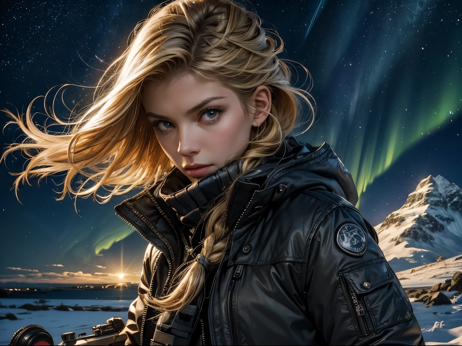 Photorealistic, book cover mockup, dramatic lighting, close-up of Kathryn Winnick on right hand side, long goretex jacket, jumper and jeans, keffiyeh, belt with two gun holsters, long braided blonde hair, huge meteorite shower, fierce expression, snow covered beach by Scottish loch, starry night, aurora borealis