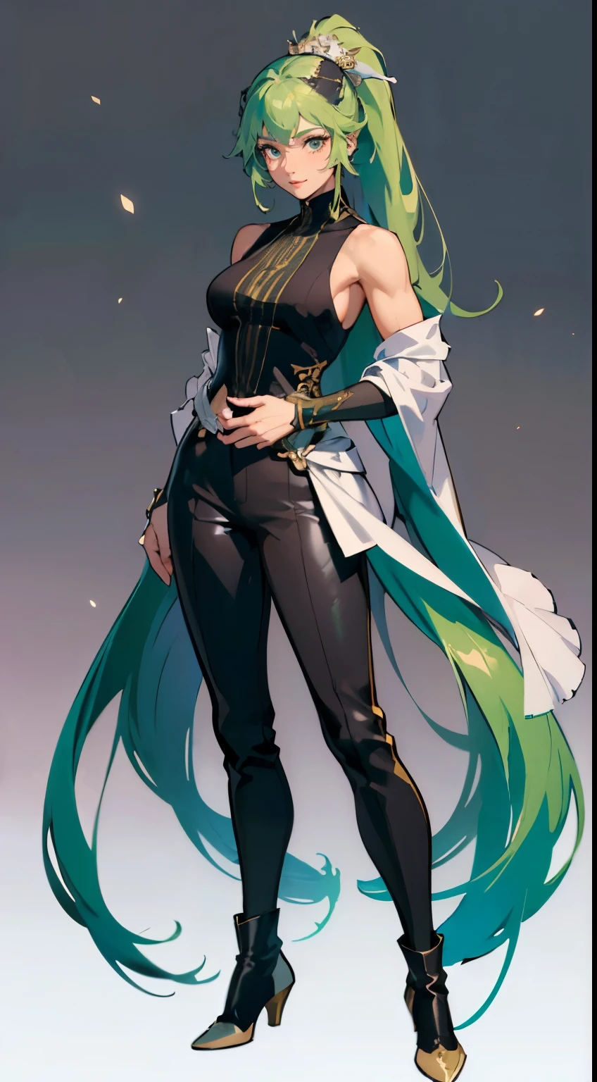 ((masterpiece,best quality,8k,highres)),((character concept art)), 1 female, middle- woman, Goddess of Space, 220 cm height, long straight hair, ponytail, (hunter green hair colour), ultra finely detailed eyes (yelloq eyes colour), extraordinary handsome, charming, gorgeous, (gentle smile), petite breasts, athlete body build ((muscular)), ((intricate detail)), super finely detailed hands, ultra finely detailed fingers(((ten fingers))), sleeveless tunic outfit (black colour outfit), long pants, boots, (standing still), (full body showcase), (show full body), (no logos on background), (no logo), ((plain background)), ((plain background)), (((empty background)))