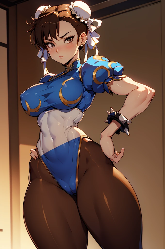 chun li, usando sueter branco apertado, brown tights, num quarto a noite, pose sexy, belos olhos detalhados, olhos detalhados,belas coxas, coxas sexy, brown pantyhose