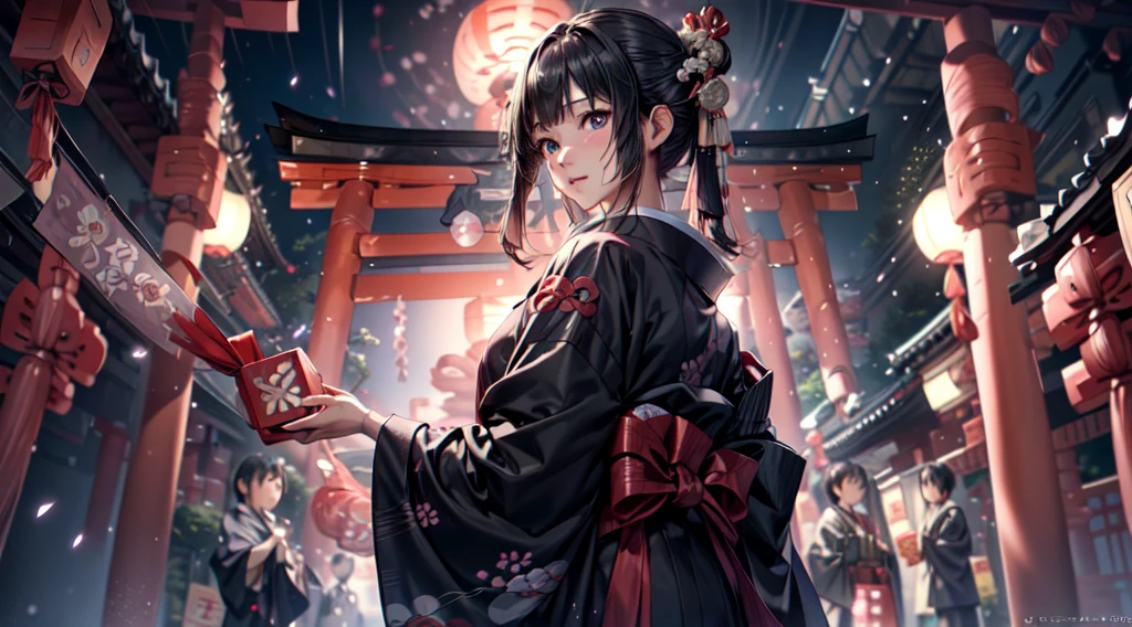 (Pixiv,ray tracing:1.5),1girl,solo focus,kimono , (Japanese new year:1.4),crowded japanese shrine, hero shot,