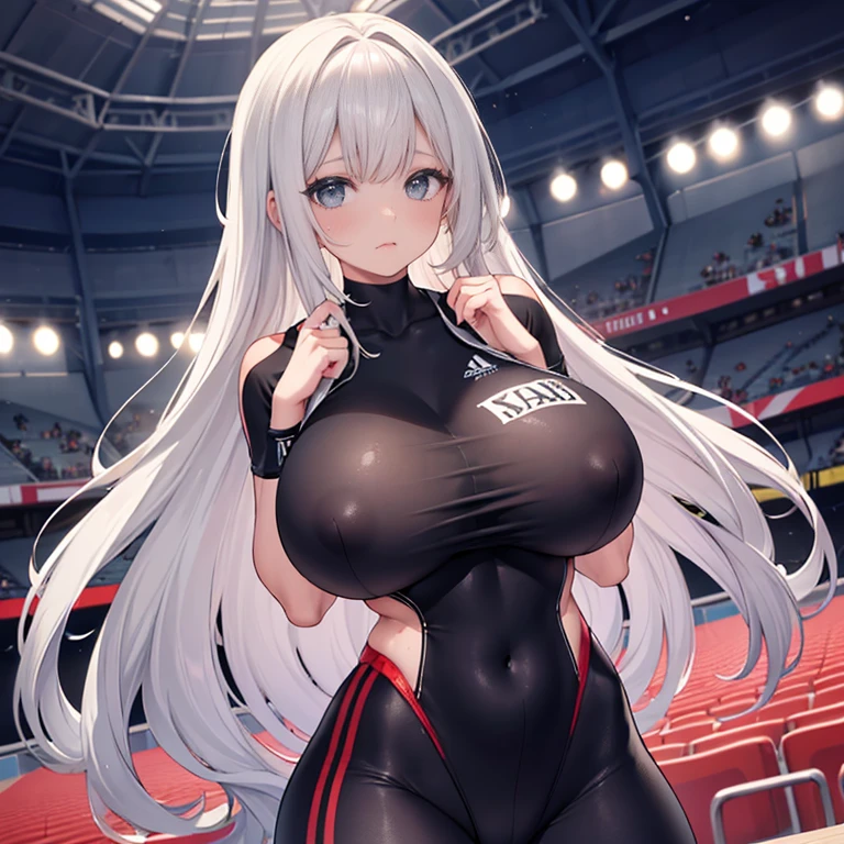 1 girl，cabelos preto e longos，gymnastic suit，Extremely huge，Extremely huge，In the stadium，sweat profusely，I can see my lower breasts