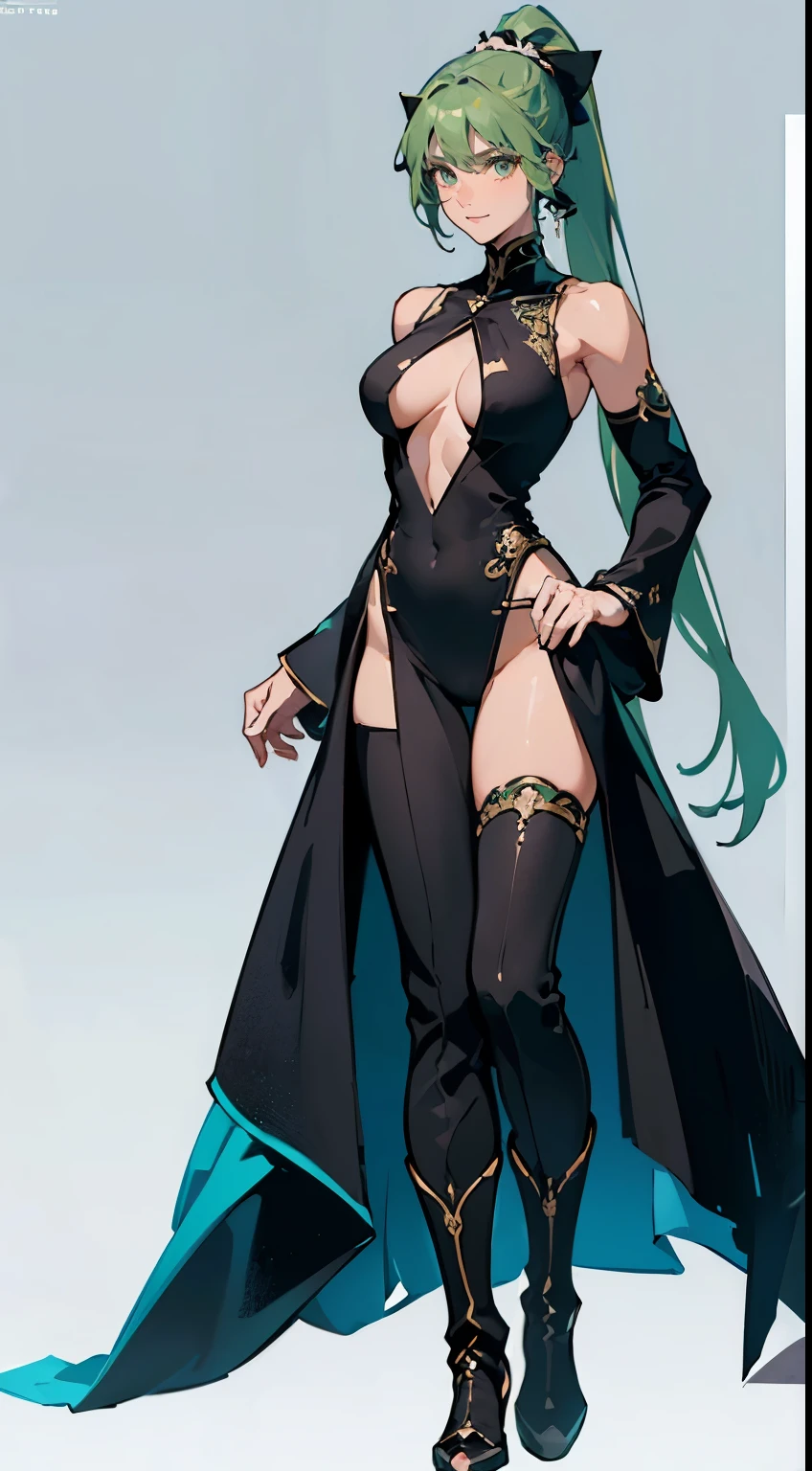 ((masterpiece,best quality,8k,highres)),((character concept art)), 1 female, middle-age woman, Goddess of Space, 220 cm height, long straight hair, ponytail, (hunter green hair colour), ultra finely detailed eyes (yelloq eyes colour), extraordinary handsome, charming, gorgeous, (gentle smile), petite breasts, athlete body build ((muscular)), ((intricate detail)), super finely detailed hands, ultra finely detailed fingers(((ten fingers))), sleeveless tunic outfit (black colour outfit), long pants, boots, (standing still), (full body showcase), (show full body), (no logos on background), (no logo), ((plain background)), ((plain background)), (((empty background)))