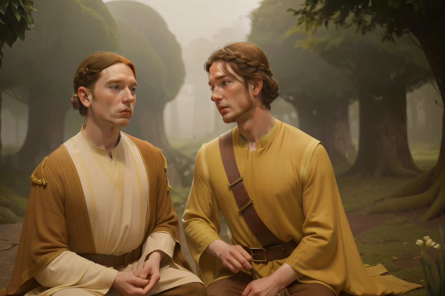 1170, Kingsbridge, England. Otherworldly scene in a medieval forest, ((((46-year-old)) Cameron Monaghan)), wrinkles, ((worried expression)), talking to a younger man, ((((tunic from the 12th century)))), ((Hairstyle of the 12th century)), ((Wes Anderson cinematic style)), colorful