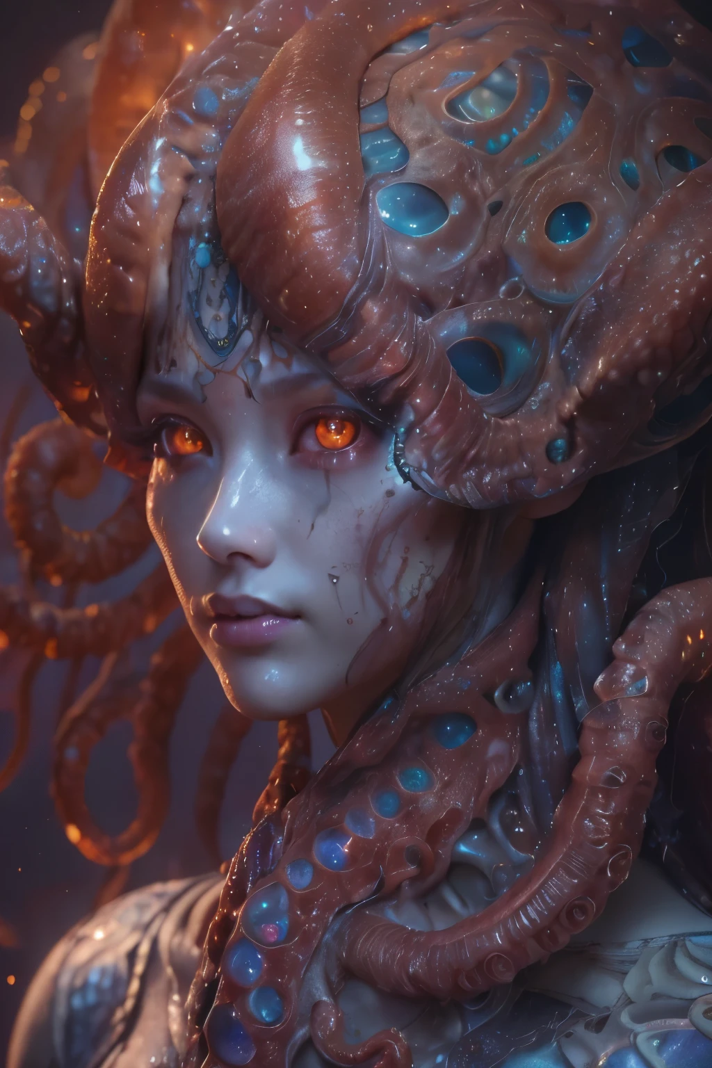 Portrait, (beautiful female alien:1.2),  (she has red eyes with no pupils:1.8), (Translucent skin:1.7),  (There is a female genital-like organ in the middle of the forehead:1.9), (The most beautiful face in the history of the universe:1.2),an evil gaze that seduces, (large mouth:1.1), (sharp teeth like a vampire:1.2), Full body like, (bio luminescent:1.5), (Smile wickedly:1.3),  (sexypose:1.5), alien, No humans, cells are fused, (Lots of translucent tentacles:1.3) extraterrestrial, cell, bio image, Best Quality, 8K,4K_quality, High Definition, Dramatic Lighting, masutepiece:1.5,cinematic quality, detail up, (Intricate details:1.2), High resolution, High Definition, drawing faithfully, (Thick eyebrows:1.2), Beautiful eyes with fine symmetry,(Highly detailed face and eyes:1.2), Intimate face, (Super detailed skin quality feeling:1.4), Perfect Anatomy,  (Beautiful toned body:1.5),  (Moist skin:1.2), No makeup, (dark circles:1.1), long canines, cinematic drawing of characters, ultra high quality model, cinematic quality, detail up, (Intricate details:1.2), High resolution, High Definition, drawing faithfully, Official art, Unity 8K wall  , 8K Portrait, Best Quality, Very High resolution, ultra detailed artistic photography, midnight aura,  unreal enginee 5, Ultra Sharp Focus, art by alberto seveso, ArtGerm, Roisch, intricate artwork, best quality, masutepiece, ultra High resolution, (photos realistic:1.4), Ultra-realistic realism, dream-like,  nautilus, Creation of fantasy, Snail, Dream Snail,  biopunk nautilus, Thrilling color schemes， Ultra-realistic realism， seductively smiling, Blue tentacles,