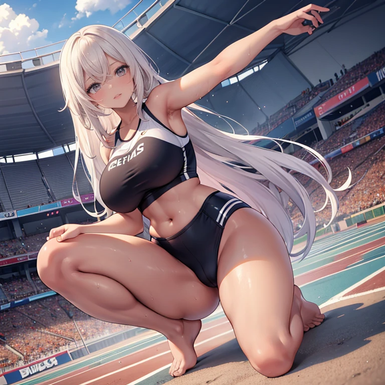 1 girl，cabelos preto e longos，Track and field wear，Barefoot，Extremely huge，In the stadium，sweat profusely，busty figure，Thick thighs