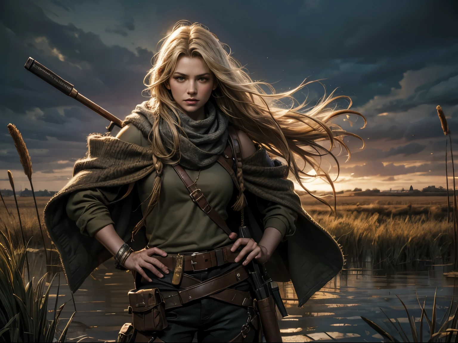 Photorealistic, book cover mockup, dramatic lighting, close-up of Sorcha Groundsell on right hand side, scruffy camouflage poncho and trousers, keffiyeh, belt with gun holster, long braided blonde hair, fierce expression, flooded marshes, reed beds with bulrushes, night-time