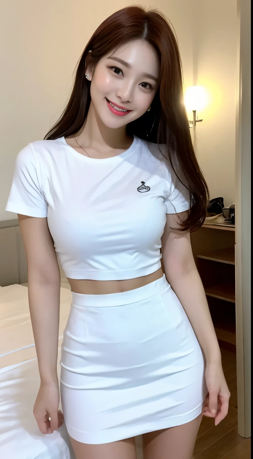 White tight shirt、White tight mini skirt、a bed、a smile、shortsleeves、high-level image quality、Hallyu Idol Face
