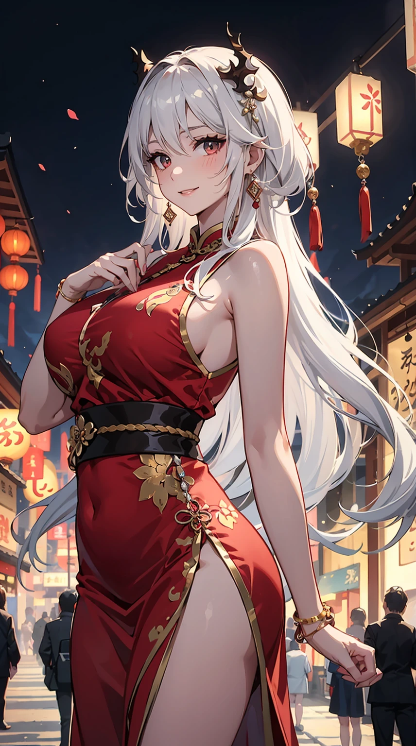 Roro Jonggrang is a legendary figure from Japanese folklore who is renowned for her exceptional beauty, alluring face and cute look. According to tradition, she is said to have possessed a multicolored hair, long white hair with red hair strands and enchanting red eyes. She is always wearing chinese traditional dress, which is wearing chinese long dress with dragon pattern, jewelry, gems, accessories, ornaments and wraps around her body perfectly. Roro Jonggrang's appearance is often likened to that of a goddess, with delicate features and a regal presence that immediately commands respect. Her beauty is celebrated across Indonesia and has inspired countless works of art throughout the centuries. 1 girl, solo, solo focus, focus, medium shot, absurdres, high-res, ultra-detailed, white hair, red hair strands, front view, from front, close up,  solo, long ponytail, huge breasts, hair ornaments, accessories, embarrassing, blushing, smiling, lunar, new year background, lunar new year background, lantern, night market background, expert shading, extreme light effects, bloom, glare, fireworks, dragon