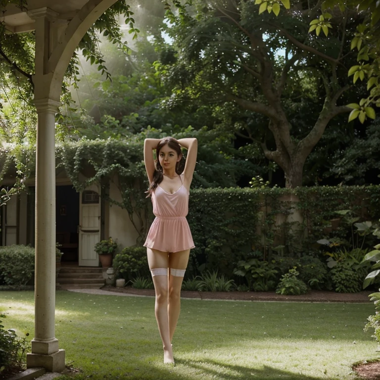 Thin girl wearing only pink Playful romper with s,soft sunlight filtering through lush green leaves, matching stockings, natural garden setting,serene and peaceful atmosphere, elegant and graceful movements, full body view.