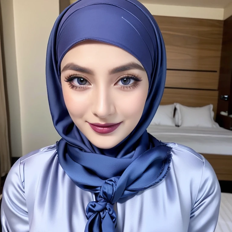 Masterpiece, realistic, best quality, best lighting, 1 pretty girl with angelic face, full body photo solo, beautifully makeup, eyeshadow, Parted Lips, Detailed Eyes, beautiful big eyes, long eye lashes, smile, wearing ((Dark blue satin headscarf)), loosely tide hijab style, FULL NAKED, very big breast, standing beside a bed
