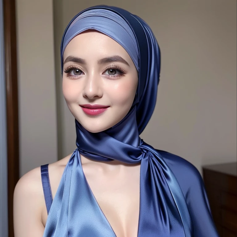 Masterpiece, realistic, best quality, best lighting, 1 pretty girl with angelic face, full body photo solo, beautifully makeup, eyeshadow, Parted Lips, Detailed Eyes, beautiful big eyes, long eye lashes, smile, wearing ((Dark blue satin headscarf)), loosely tide hijab style, FULL NAKED, very big breast, standing beside a bed