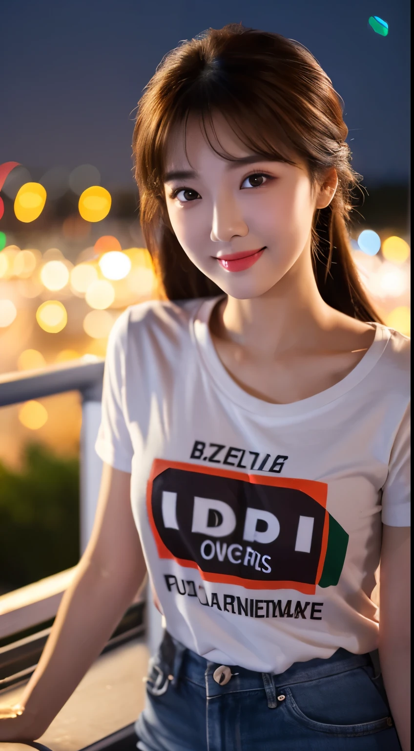 UHD, Extra close-up of cute Korean female,Chest size 32 inches ponytail, hazel eyes, wearing t-shirt, sitting on the balcony, night, fireworks display, blurred background