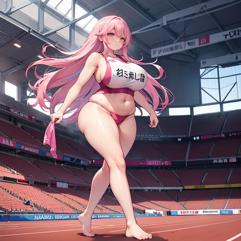 1 girl，Pink Long Hair，Track and field suits，The barefoot，Extremely huge，Inside the stadium，sweat profusely，Plump body，Thigh thick，nabel