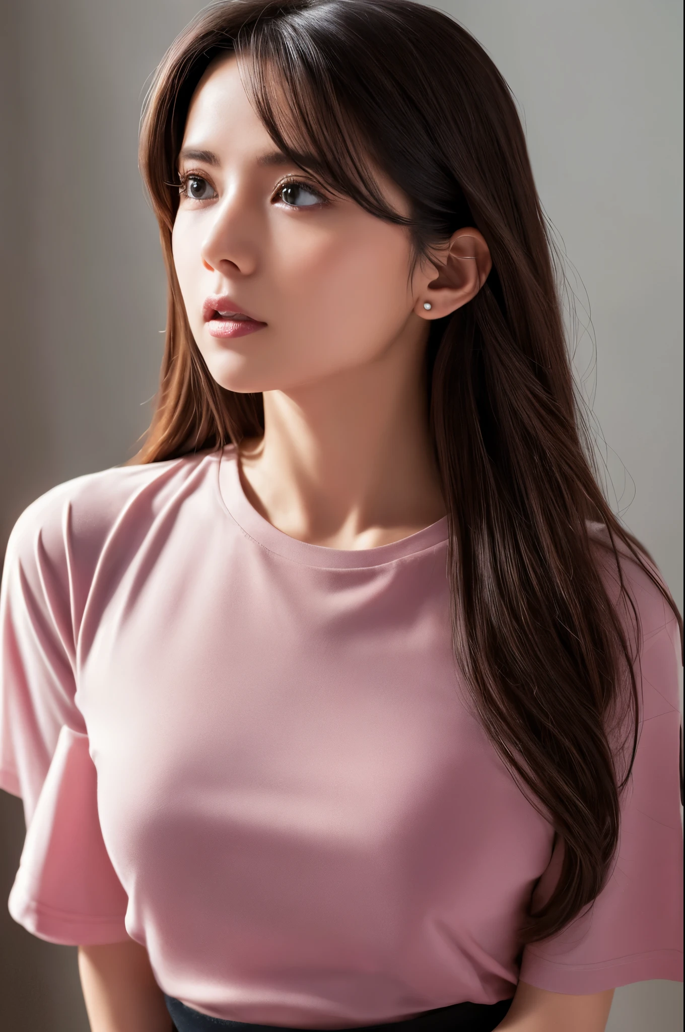 (hyperrealistic), (illustration), (high resolution), (8K), (extremely detailed), (best illustration), (beautiful detailed eyes), (best quality), (super detailed), (masterpiece), (wallpaper), (detailed face), solo, 1 girl, white wavy hair, Japanese, heterochromic eyes, small moles under the eyes, pink t-shirt top, black yoga pants underneath, long legs, tight abs, no chest leakage, background street, standing