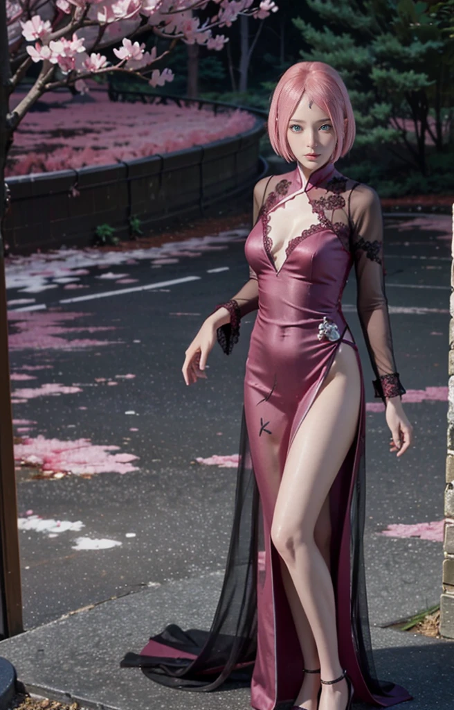 best quality, sakura haruno, pink hair, green eyes， tmasterpiece， 超高分辨率， （realisticlying：1.4）， RAW photogr， 1girll， （（Black lace nightgown））， （（middlebreast））， cold light, full body, perfect legs, perfect hands, erotic
