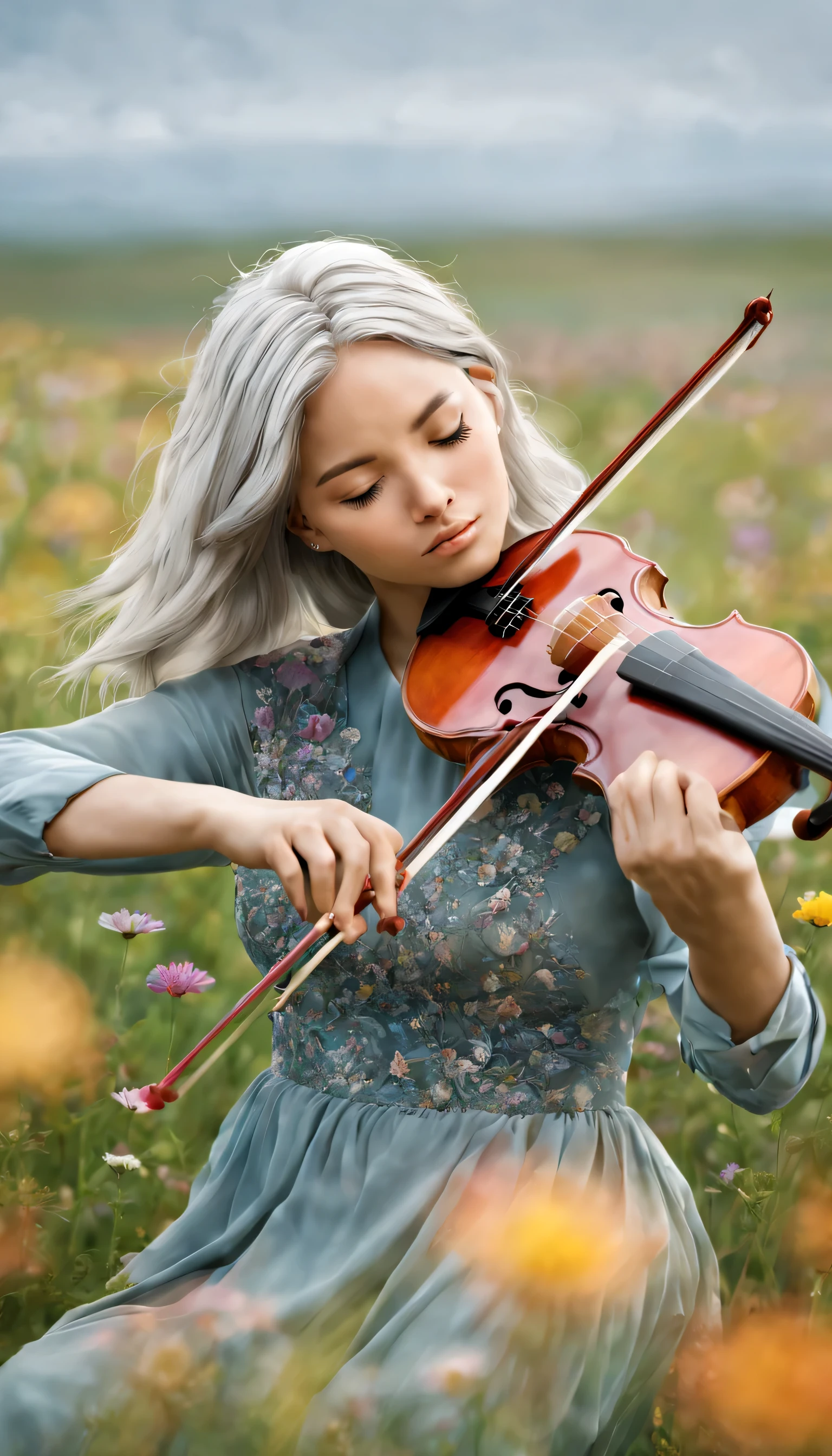 Serene Symphony: A lone violinist, eyes closed in deep concentration, plays amidst a field of wildflowers. Render a RAW portrait masterpiece showcasing the delicate details of their instrument, the gentle breeze tousling their silver hair, and the vibrant symphony of colors surrounding them. (Best HD detailed, High quality, 32k)