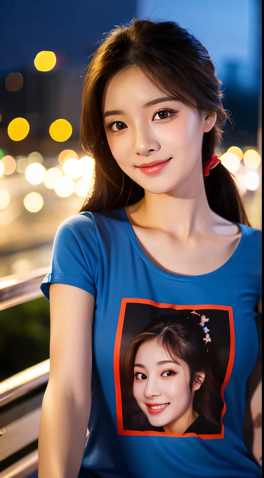 UHD, Extra close-up of cute Korean female,Chest size 32 inches ponytail, hazel eyes, wearing t-shirt, sitting on the balcony, night, fireworks, blurred background