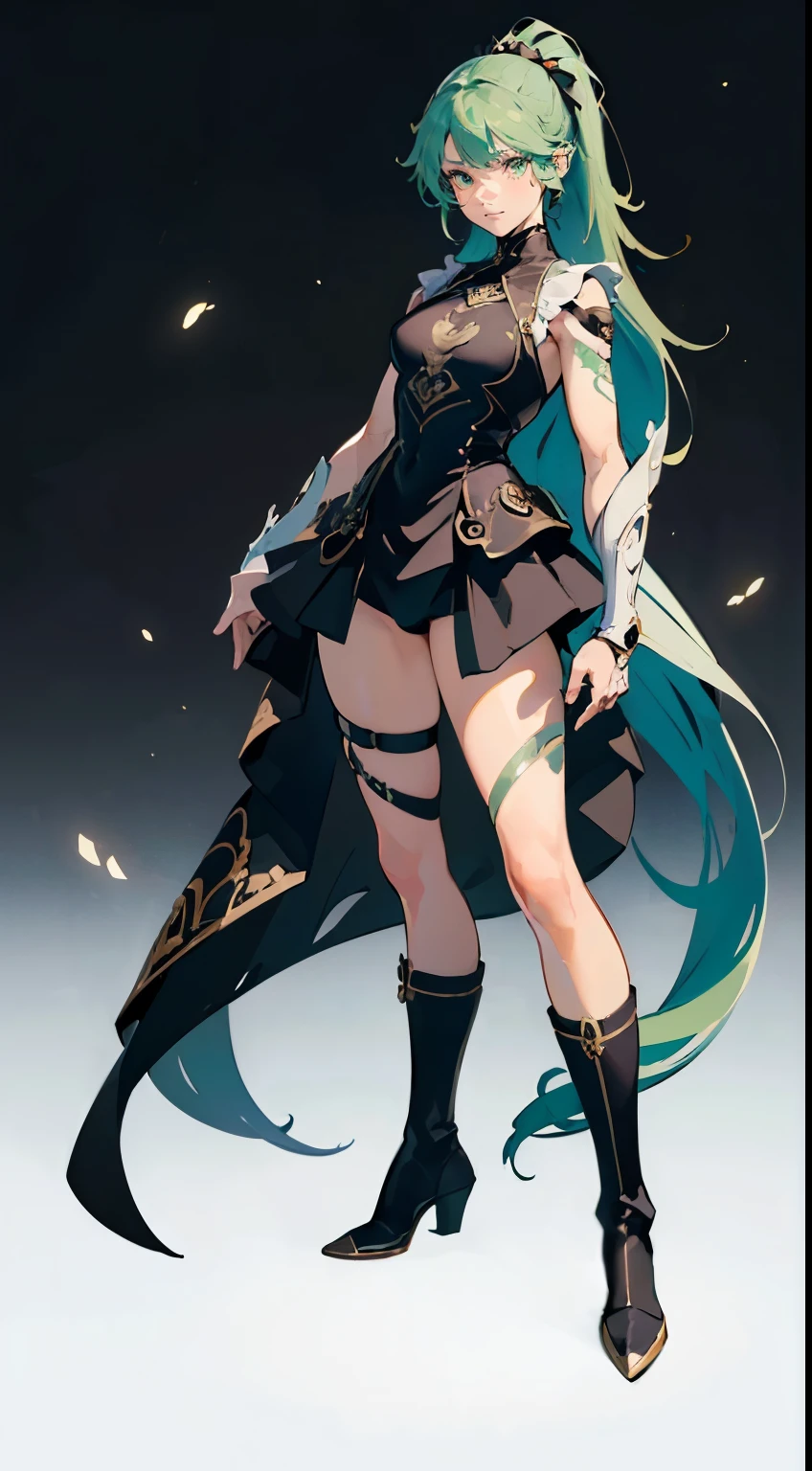 (masterpiece,best quality,8k,highres)),((character concept art)), 1 female, middle-age woman, Goddess of Space, 220 cm height, straight hair, ponytail, (hunter green hair colour), ultra finely detailed eyes (yelloq eyes colour), extraordinary handsome, charming, gorgeous, (gentle smile), (petite breasts), (small breasts), athlete body build ((muscular)), ((intricate detail)), super finely detailed hands, ultra finely detailed fingers(((ten fingers))), sleeveless peplum (black colour outfit), boots, (standing still), (full body showcase), (show full body), (no logos on background), (no logo), ((plain background)), ((plain background)), (((empty background)))