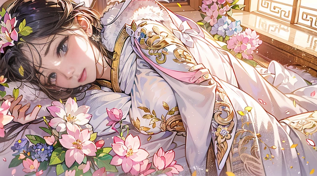 (masterpiece), best quality, high resolution, ultra-detailed, character close-up, a Chinese style white beautiful dress, Chinese elegant dress, exquisite details, cheongsam beautiful and elegant, colorful and lustrous, dress floating, dramatic angle, close natural (close-up), koi, warm colors like sunlight focus Personal warm, champagne, details are highlighted, extra long ribbon, Open, full body, many detailed elements, pink petals, sunlight on the skin, glorious, hairpins, hydrangeas, boudoirs.