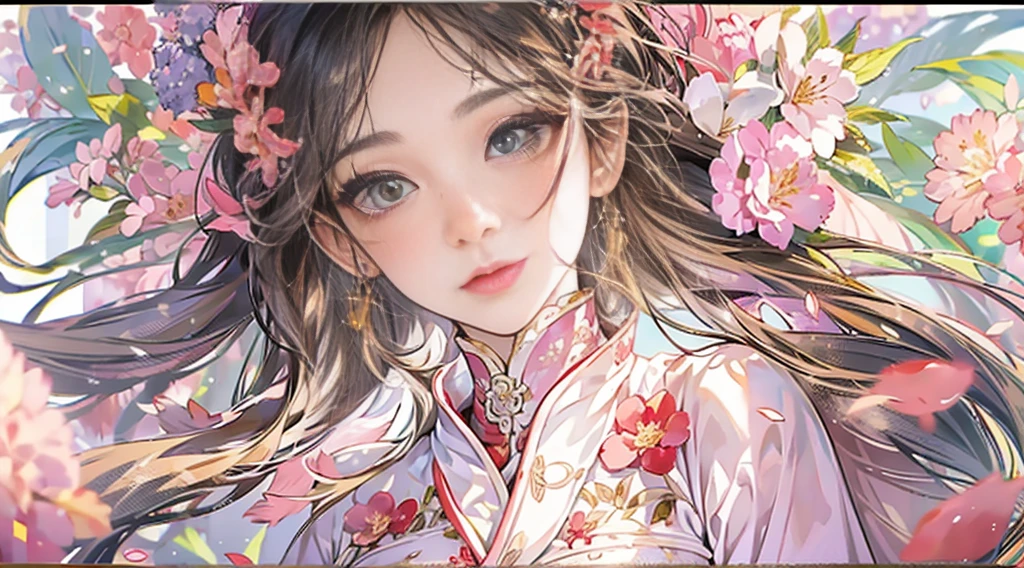 (masterpiece), best quality, high resolution, ultra-detailed, character close-up, a Chinese style white beautiful dress, Chinese elegant dress, exquisite details, cheongsam beautiful and elegant, colorful and lustrous, dress floating, dramatic angle, close natural (close-up), koi, warm colors like sunlight focus Personal warm, champagne, details are highlighted, extra long ribbon, Open, full body, many detailed elements, pink petals, sunlight on the skin, glorious, hairpins, hydrangeas, boudoirs.