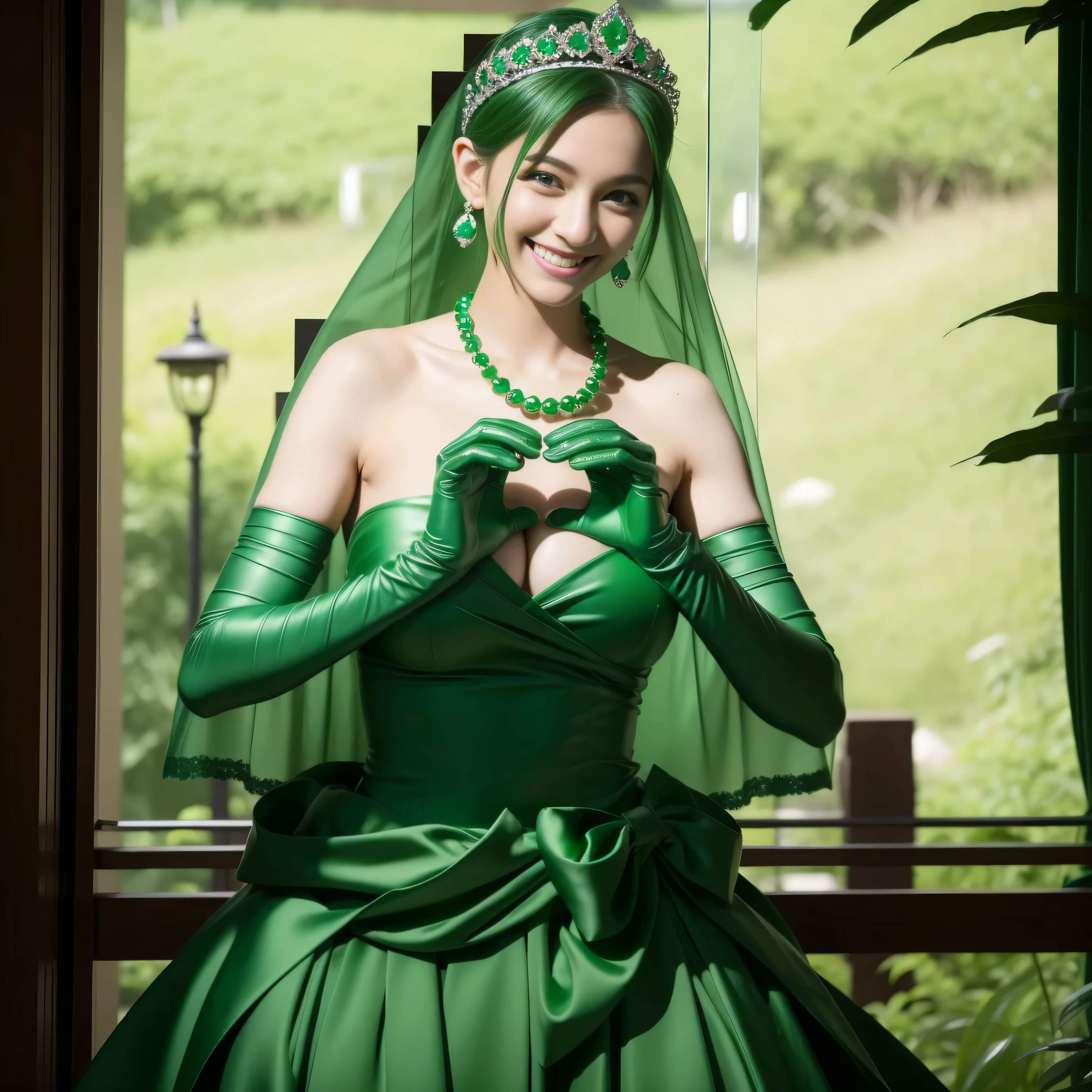 emerald tiara, Green Pearl Necklace, Boyish very short green hair, lipsticks, Japan woman smiling, very short short hair,  big breasts beautiful, Green eyes, Long green gloves made of satin material, Green eyes, Emerald Earrings, green vale, Heart with both hands