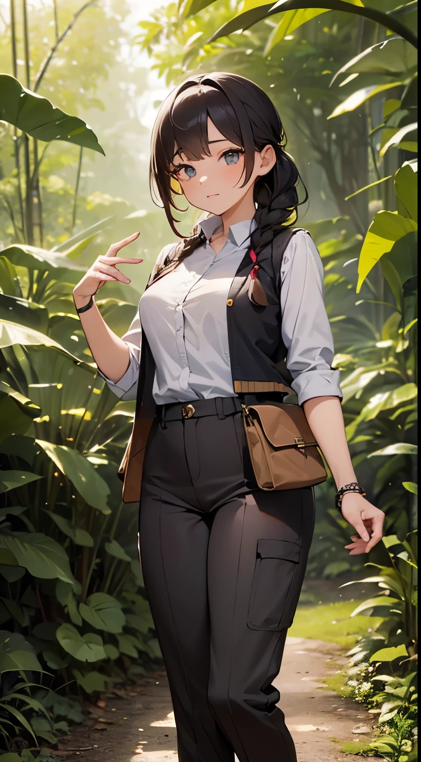 ((master-piece,intricately detailed,ความละเอียดสูงlifelike,lifelike,4K clarity)),((1 beautiful girl,kawaii,19 years old)),(perfect anatomy,beautidul eyes,Two braids,Hair color according to ethnicity,nice skin,Moderate breasts),Hiking explorer outfit,vest,trousers,In the rainforest
