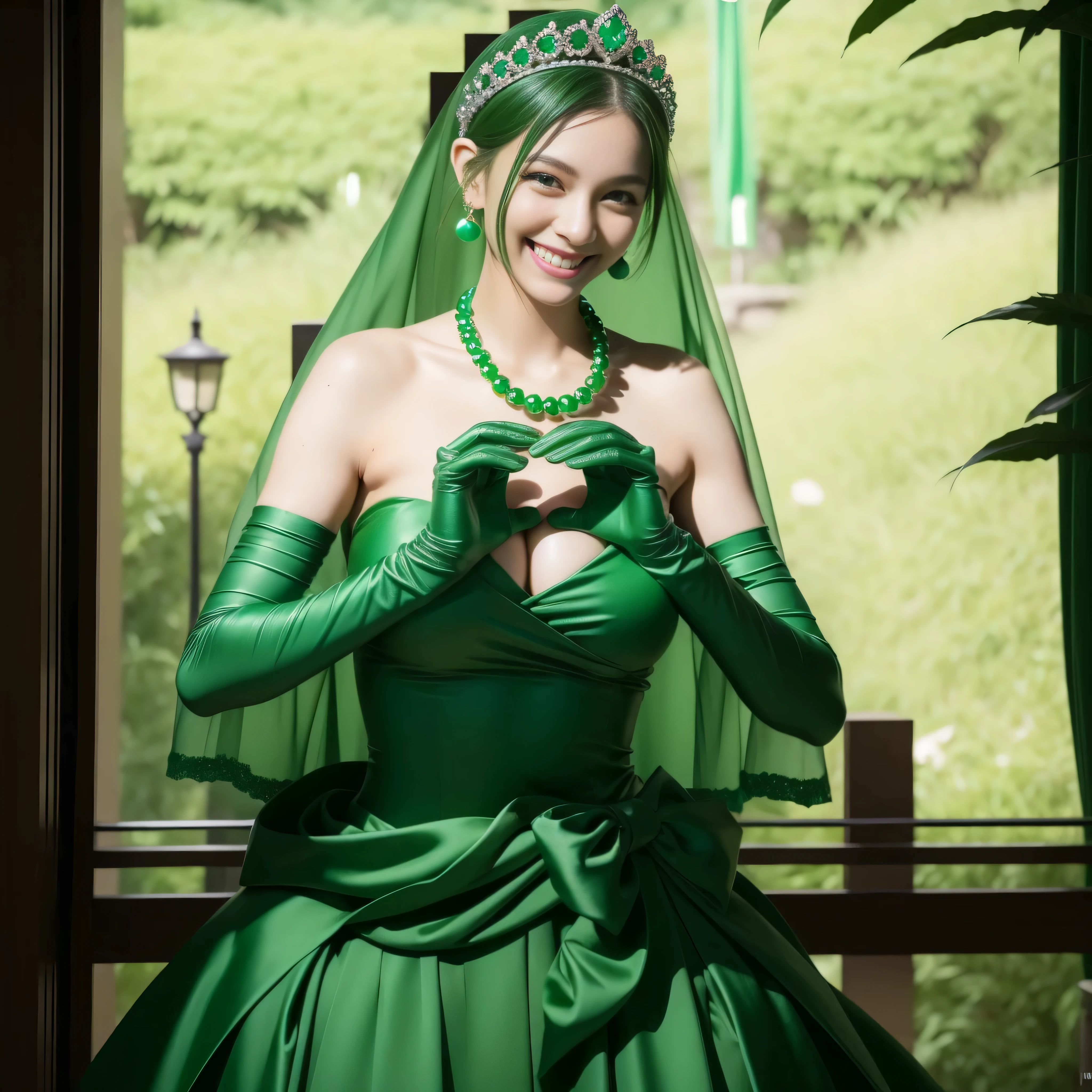emerald tiara, Green Pearl Necklace, Boyish very short green hair, lipsticks, Japan woman smiling, very short short hair, big breasts beautiful, Green eyes, Long green gloves made of satin material, Green eyes, Emerald Earrings, green vale, Heart with both hands