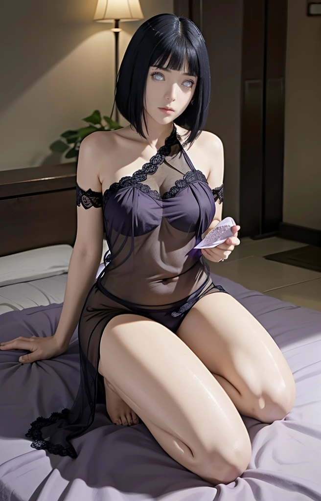 best qualtiy, Hinata hyūga, purple hair, purple eyes， tmasterpiece， 超高分辨率， （realisticlying：1.4）， RAW photogr， 1girll， （（Black lace nightgown））， （（middlebreast））， cold light, full body, perfect legs, perfect hands, erotic