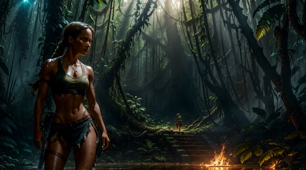 stunningly gorgeous alicia vikander as lara croft, torn clothes, volumetric light, steaming body, particles, jungle, realistic