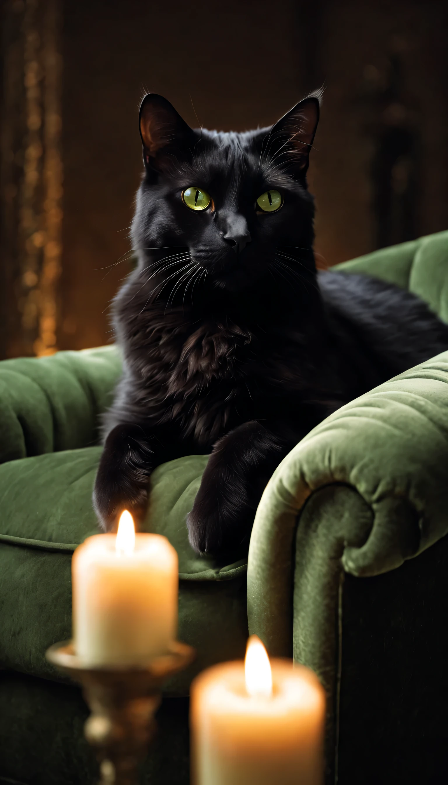 Feline Grace: A black cat, with sleek fur and piercing green eyes, curls itself gracefully on a velvet armchair bathed in soft candlelight. Render a RAW portrait masterpiece, focusing on the delicate details of the cat's fur, the warmth of the candlelight, and the regal elegance of its pose. (Best HD detailed, High quality, 32k)