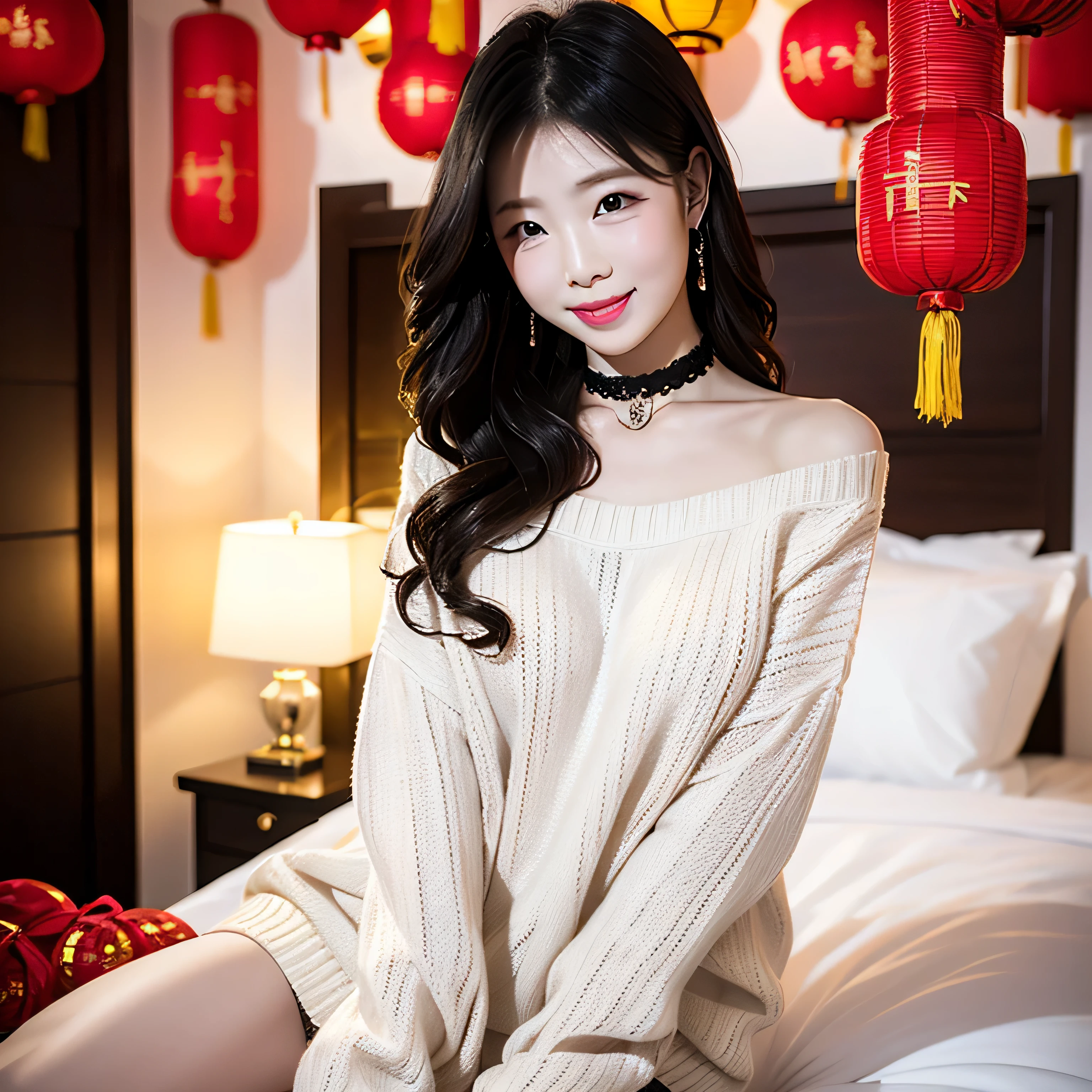 Wavy hair Wavy hair(((The eyes are delicate))),hair adornments,choker necklace,woman wearing sexy white lace sweater,Room full of Chinese New Year decorations((Grinning))(((tmasterpiece))), ((Best Quality)), ((intricate detailes)), ((hyper realisitc))(8K)